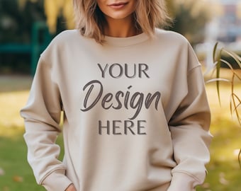Gildan 18000 Mockup, Gildan Sand Sweatshirt Mockup, Sweatshirt Model Mockup, Sand Gildan Crewneck Mockups, Heavy Blend Sweater