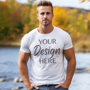 White Bella Canvas 3001 Mockup, T-Shirt Mockup, Male Model Mockup, 3001 Man Shirt Mockup, Nature Mockup in the Woods, White Tee Mock Outdoor