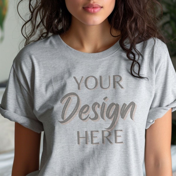 Athletic Heather Bella Canvas 3001 Mockup, Lifestyle Bella 3001 Mock, Athletic Heather T-Shirt Mockup, Female Model Mock, Grey Model Mockup