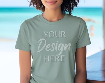 Sage Bella Canvas 3001 Mockup, Lifestyle Bella Canvas Mockup, Green Summer Tee Mock, Female Model Mock, Green Model Beach Mockup