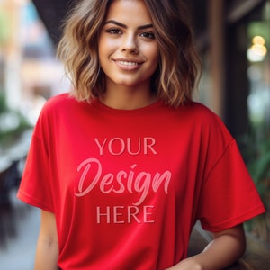 Gildan 64000 Mockup, Red Tshirt Mockup 64000, Model Mockup Gildan Shirt, Red Unisex Tee Mock Gildan, Lifestyle Gildan 64000