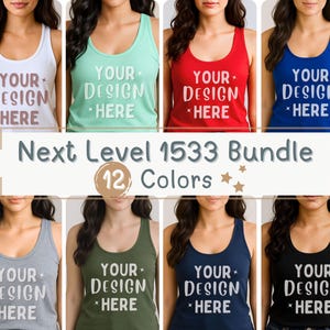 Puede incluir: Una colección de camisetas sin mangas en varios colores, incluyendo blanco, verde menta, rojo y azul marino. Cada camiseta sin mangas presenta el texto "YOUR DESIGN HERE" en un color contrastante. La imagen también muestra el texto "Next Level 1533 Bundle 12 Colors."