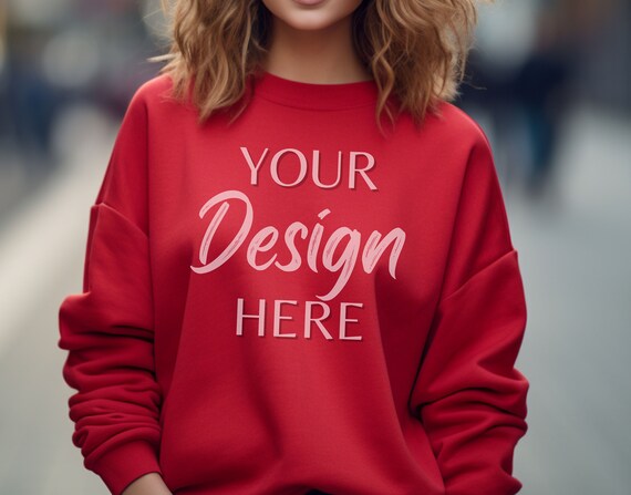 Gildan 18000 Mockup, Lifestyle Gildan Red Sweatshirt Mockup, Sweatshirt Model Mockup, Red Gildan Crewneck Mockups, Heavy Blend Sweater