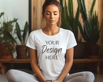 White Bella Canvas 3001 Mockup, Womens Meditation Mockup, White T-Shirt Mockup, Female Model Mockup, Woman 3001 T-shirt Mockup, Yoga Mockup