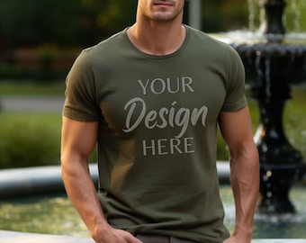 Gildan 64000 Mockup, Military Green Tshirt Mockup 64000, Model Mock Gildan Shirt, Military Green Softstyle Tee Mock, Lifestyle Gildan 64000