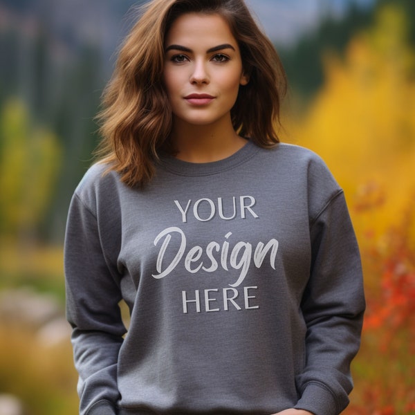 Gildan 18000 Mockup, Graphite Heather 18000 Sweatshirt Mockup, Autumn Model Mockup, Fall Mockups 18000, Graphite Heather Crewneck Mockup