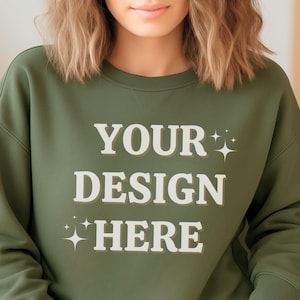 Gildan 18000 Military Green Sweatshirt Mockup | G180 Crewneck Sweater | G18000 Woman Model Photo | Lifestyle Digital Apparel Mocks for POD