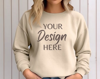 Gildan 18000 Mockup, Gildan Sand Sweatshirt Mockup, Sweatshirt Model Mockup, Sand Gildan Crewneck Mockups, Heavy Blend Sweater