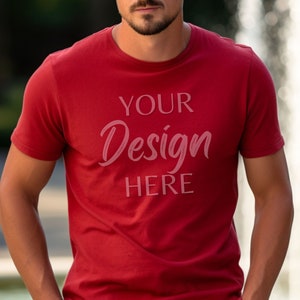 Gildan 64000 Mockup, Red Tshirt Mockup 64000, Model Mock Gildan Shirt, Red Softstyle Tee Mock, Lifestyle Gildan 64000 Red Mockup