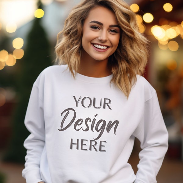 Gildan 18000 Mockup, White Sweatshirt Christmas Mockup, Christmas Model Mockups 18000, White Gildan Crewneck Mocks, Heavy Blend Sweater Xmas