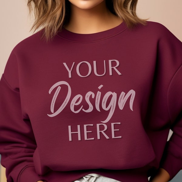 Gildan 18000 Mockup, Gildan Maroon Sweatshirt Mockup, Sweatshirt Model Mockup, Maroon Gildan Crewneck Mockups, Heavy Blend Sweater