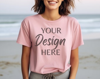 Roze Bella Canvas 3001 Mockup, Lifestyle Bella Canvas Mockup, Roze T-Shirt Mockup, Vrouwelijke Model Mock, 3001 T-shirt Mockup Roze, Vrouwen Mockup