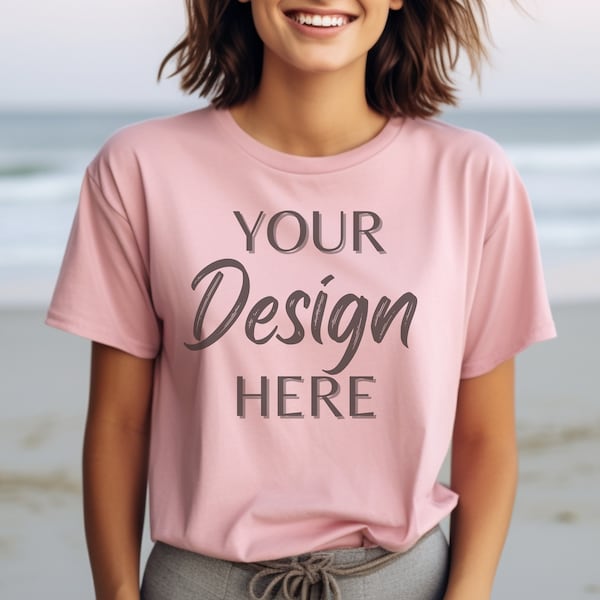 Pink Bella Canvas 3001 Mockup, Lifestyle Bella Canvas Mockup, Pink T-Shirt Mockup, Female Model Mock, 3001 T-shirt Mockup Pink, Women Mockup