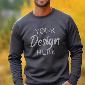 Gildan 18000 Dark Heather Mockup, Autumn Male Gildan Sweater Mockup,  Fall Dark Heather Sweatshirt, Grey Mens Model Mockup, Man Mockup Gray