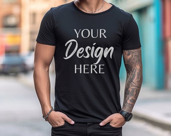 Black Bella Canvas 3001 Mockup, T-Shirt Mockup, männliches Model Mockup, 3001 Mann T-Shirt Mockup, Lifestyle Mockup, schwarzes T-Shirt Mockup Outdoor