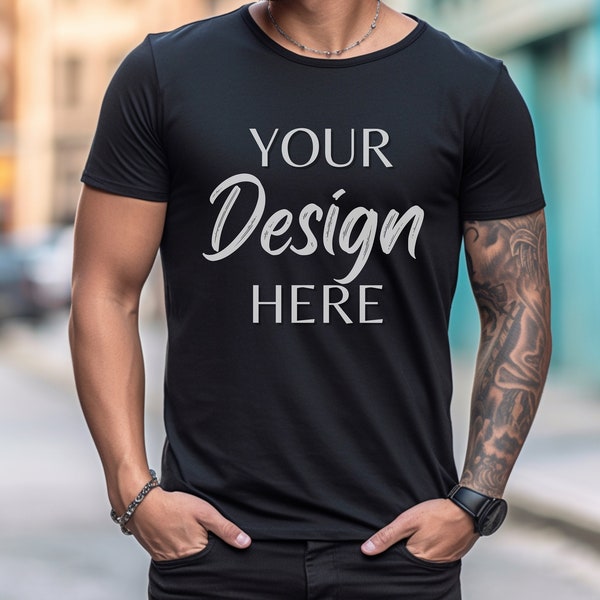 Black Bella Canvas 3001 Mockup, T-Shirt Mockup, Male Model Mockup, 3001 Man T-shirt Mockup, Lifestyle Mockup, Black Tee Mockup Outdoor