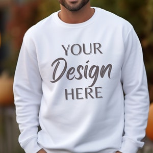 Gildan 18000 White Mockup, Male Gildan Sweater Mockup, Sweatshirt Mens Model Mockup, Halloween Gildan 18000 Mockup, Gildan 18000 Man White