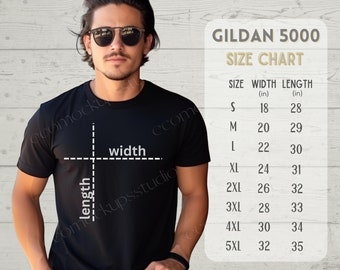 Tabela rozmiarów Gildan 5000, Tabela rozmiarów męskich koszulek Gildan, Tabela rozmiarów koszulek Gildan Unisex Crewneck, Tabela rozmiarów męskich koszulek Gi5000, Rozmiar koszulki 5000