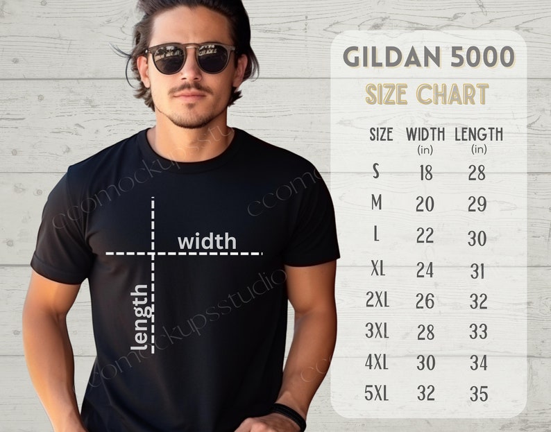 Puede incluir: Una tabla de tallas para camisetas Gildan 5000, que muestra el ancho y la longitud en pulgadas para las tallas S a 5XL.