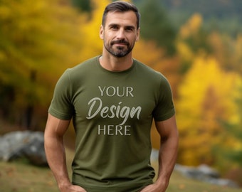 Military Green Bella Canvas 3001 Mockup, Fall T-Shirt Mockup, Male Model Mockup, 3001 Man T-shirt Mockup, Lifestyle Mockup, Military Green