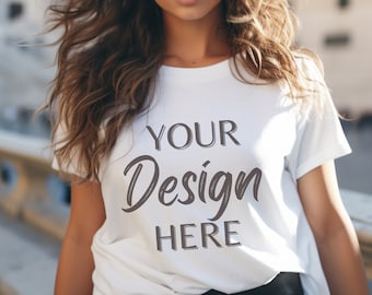 White Bella Canvas 3001 Mockup, Bella Canvas Mockup, White T-Shirt Mockup, Female Model Mockup, Woman 3001 T-shirt Mockup, Lifestyle Mockup
