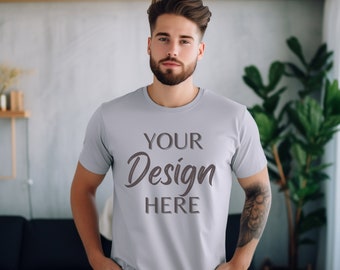 Silver Bella Canvas 3001 Mockup, T-Shirt Mockup, Male Model Mockup, 3001 Man T-shirt Mockup, Lifestyle Mockup, Silver Tee Mockup Indoor