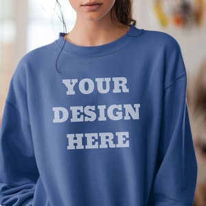 Indigo Blue Gildan 18000 Mockup, Sweatshirt Gi180 Mock, Model Mockups G18000, Blue Gildan Crewneck Mocks, Trendy Mocks, Print On Demand