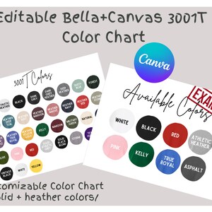 Carta de colores Bella Canvas 3001T / Carta de colores y tamaños editables / Carta de colores de camisetas para niños / Plantilla editable B+C 3001T Canva