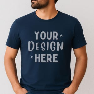 Bella Canvas 3001 Navy Mockup | BC 3001 Blue T-Shirt Man Mock | Shirt Male Model Mocks | Lifestyle Tee POD 3001 | Instant Digital Download