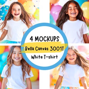 Puede incluir: Cuatro maquetas de una camiseta blanca Bella Canvas 3001T en una persona joven con un fondo de globos de colores. La camiseta es un lienzo en blanco para la personalización.