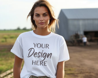 Gildan 5000 mockup, witte tshirt mockup 5000, model mockup Gildan shirt, witte Unisex Tee mock Gildan, Outdoor Gildan 5000