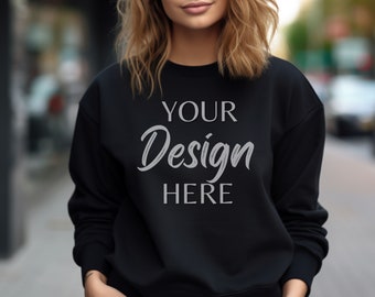 Gildan 18000 Mockup, Gildan Black Sweatshirt Mockup, Sweatshirt Model Mockup, Black Gildan Crewneck Mockups, Lifestyle Heavy Blend Sweater