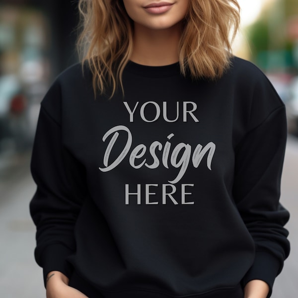 Gildan 18000 Mockup, Gildan Black Sweatshirt Mockup, Sweatshirt Model Mockup, Black Gildan Crewneck Mockups, Lifestyle Heavy Blend Sweater