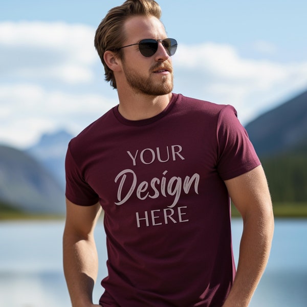 Gildan 5000 Mens Mockup, Maroon Tshirt Mockup 5000, Male Model Mockup Gildan Shirt, Maroon Unisex Tee Mock Gildan, Outdoor Gildan 5000