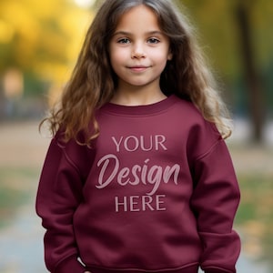 Kids Sweatshirt Mockup, Maroon Gildan 18000B Mockup, Lifestyle Crewneck Sweater, Youth Model Mockups 18000B, Maroon Child Sweatshirt Mockup