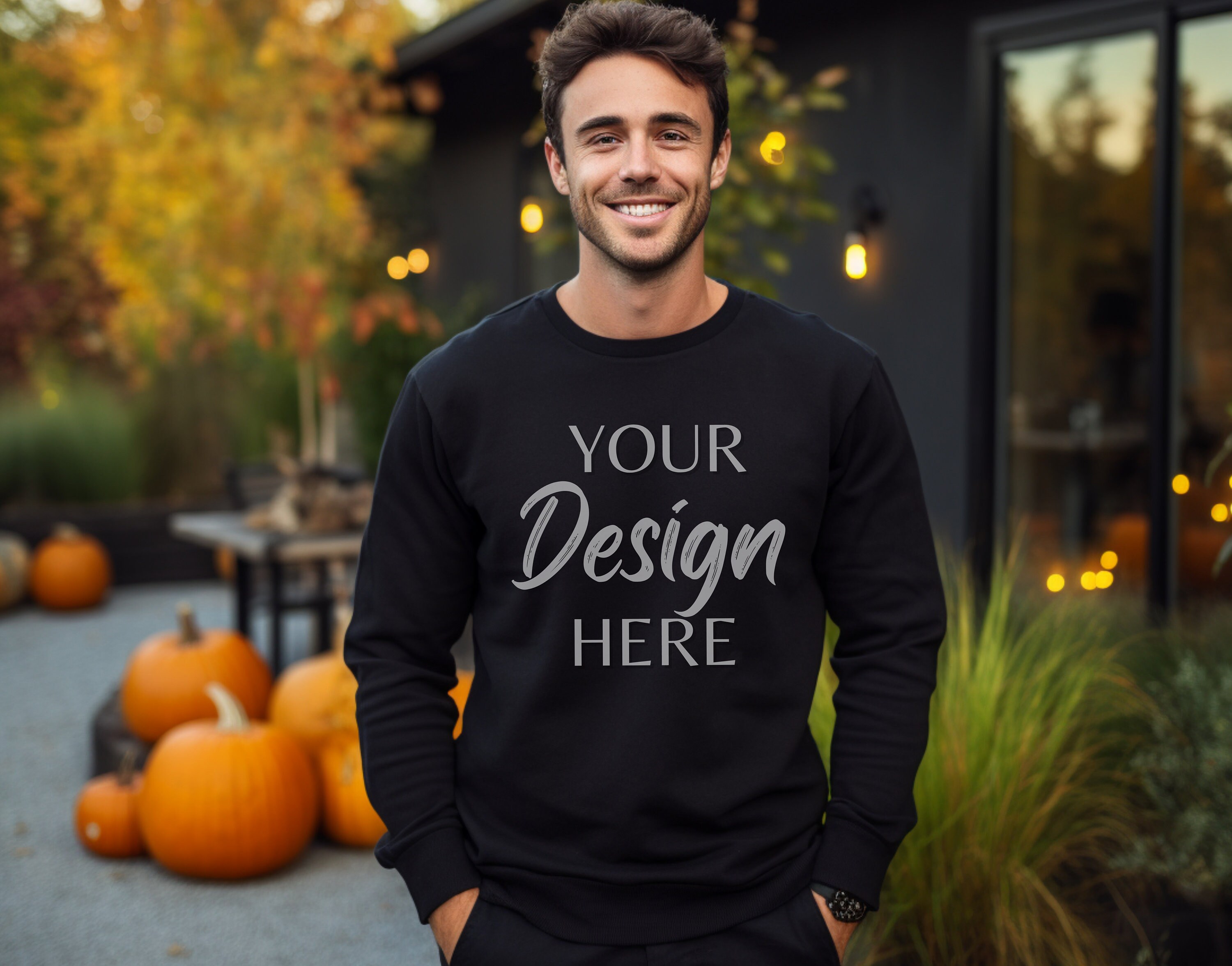 Gildan 18000 Black Mockup, Male Gildan Sweater Mockup,  Sweatshirt Mens Model Mockup, Halloween Mocks 18000, Fall Sweatshirt Mockup 18000