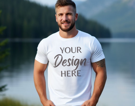Gildan 5000 Mens Mockup, White Tshirt Mockup 5000, Male Model Mockup Gildan Shirt, White Unisex Tee Mock Gildan, White Outdoor Gildan 5000