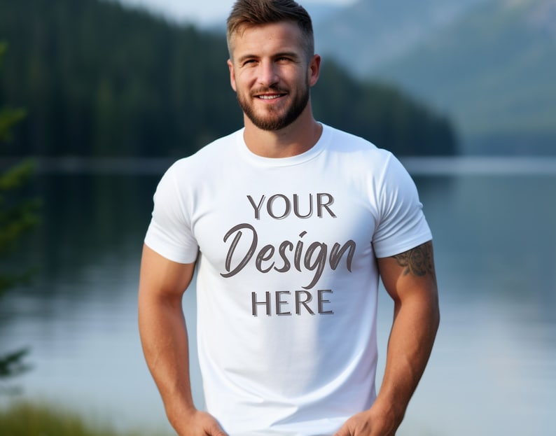 May include: A white t-shirt with the text "YOUR Design HERE" printed on the front. The shirt is being worn by a person standing in front of a lake and trees.