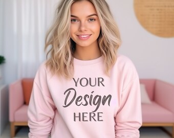 Gildan 18000 Mockup, Gildan Light Pink Sweatshirt Mockup, Sweatshirt Model Mockup, Light Pink Gildan Crewneck Mockups, Heavy Blend Sweater