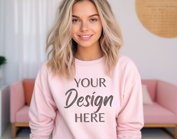 Gildan 18000 Mockup, Gildan Light Pink Sweatshirt Mockup, Sweatshirt Model Mockup, Light Pink Gildan Crewneck Mockups, Heavy Blend Sweater