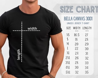 Bella Canvas 3001 Size Chart, T-shirt 3001 Size Chart, Unisex Jersey Short Sleeve T-shirt Size Chart, Bella Canvas Tshirt Measurement Chart