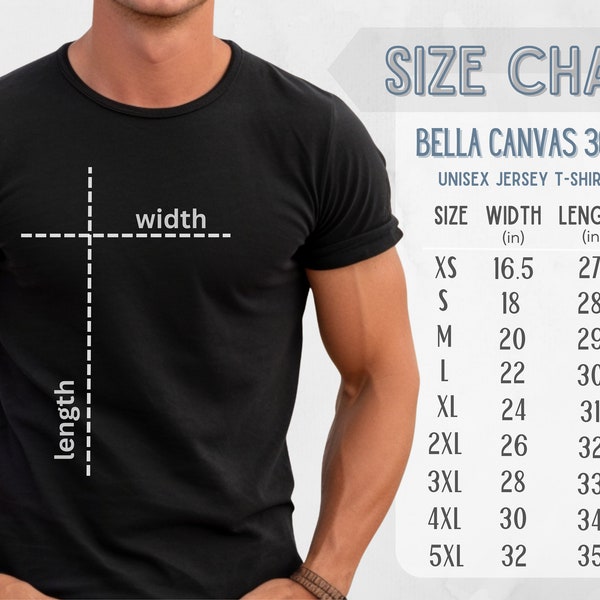 Bella Canvas 3001 Size Chart, T-shirt 3001 Size Chart, Unisex Jersey Short Sleeve T-shirt Size Chart, Bella Canvas Tshirt Measurement Chart