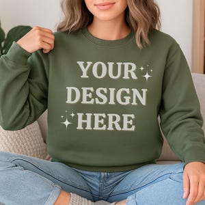 Gildan 18000 Military Green Sweatshirt Mockup | G180 Crewneck Sweater | G18000 Woman Model Photo | Lifestyle Digital Apparel Mocks for POD