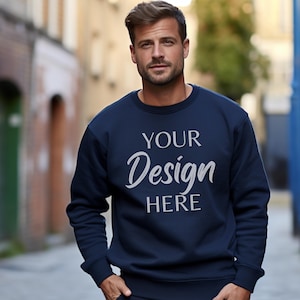 Gildan 18000 Navy Mockup, Male Gildan Sweater Mockup,  Lifestyle Sweatshirt Mens Model Mockup, Unisex Navy Sweatshirt, Gildan 18000 Man