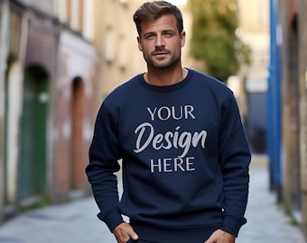 Gildan 18000 Navy Mockup, Male Gildan Sweater Mockup,  Lifestyle Sweatshirt Mens Model Mockup, Unisex Navy Sweatshirt, Gildan 18000 Man