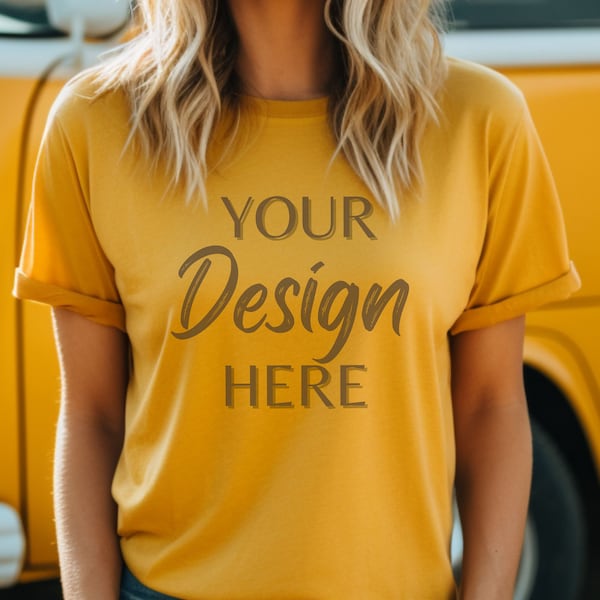 Mustard Bella Canvas 3001 Mockup, Bella Canvas Mockup, Mustard T-Shirt Mockup, Female Model Mockup, Boho Woman 3001 T-shirt Mockup