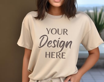 Gildan 5000 Mockup, Sand Tshirt Mockup 5000, Model Mockup Gildan Shirt, Sand Unisex Tee Mock Gildan, Outdoor Gildan 5000