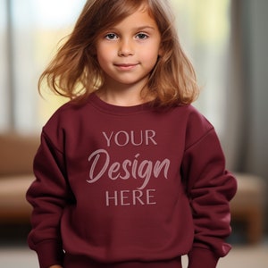Kids Sweatshirt Mockup, Maroon Gildan 18000B Mockup, Lifestyle Crewneck Sweater, Youth Model Mockups 18000B, Maroon Child Sweatshirt Mockup
