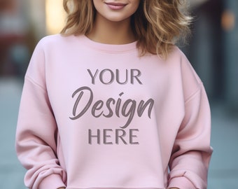 Gildan 18000 Mockup, Gildan Light Pink Sweatshirt Mockup, Sweatshirt Model Mockup, Light Pink Gildan Crewneck Mockups, Heavy Blend Sweater