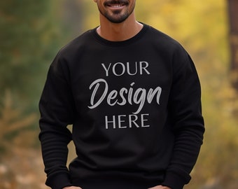 Gildan 18000 Black Mockup, Autumn Male Gildan Sweater Mockup,  Fall Sweatshirt Mens Model Mockup, Unisex Sweatshirt, Black Gildan 18000 Man